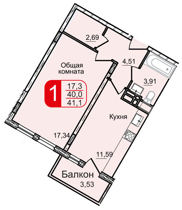 2-комнатная квартира в ЖК Остров Эрин на 3 этаже в 2 секции. Дом сдан.