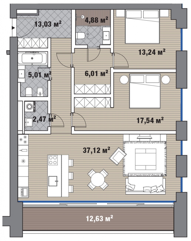 1-комнатная квартира в ЖК Wellton Towers на 54 этаже в 1 секции. Сдача в 3 кв. 2021 г.