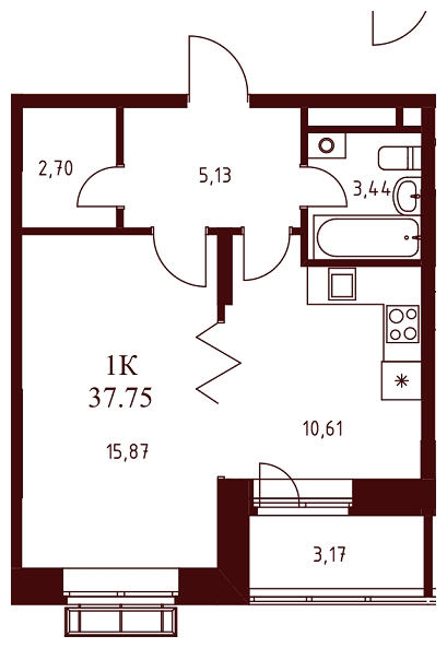 1-комнатная квартира в ЖК Остров Эрин на 4 этаже в 7 секции. Сдача в 2 кв. 2019 г.