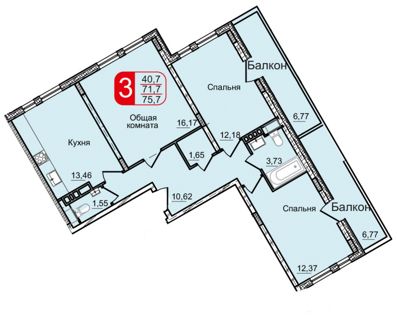 3-комнатная квартира в ЖК Остров Эрин на 1 этаже в 9 секции. Сдача в 2 кв. 2019 г.