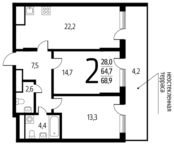 2-комнатная квартира с отделкой в МФК Маршал на 4 этаже в 1 секции. Дом сдан.