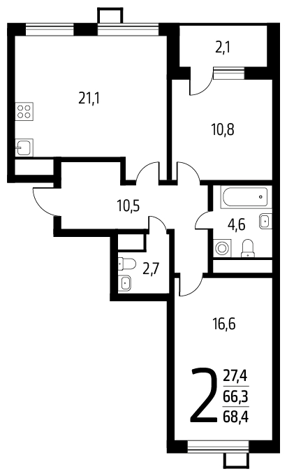 2-комнатная квартира с отделкой в ЖК Новые Ватутинки. Центральный на 14 этаже в 1 секции. Сдача в 1 кв. 2024 г.